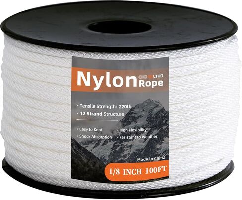 White Nylon Rope 1/8inch 100ft Braided Multi-Purpose Ropes for Outdoor& Indoor Heavy Duty for Camping, Boat, Garden, Clothesline, Marine, Soft & Flexible, High Tensile Strength in Kuwait