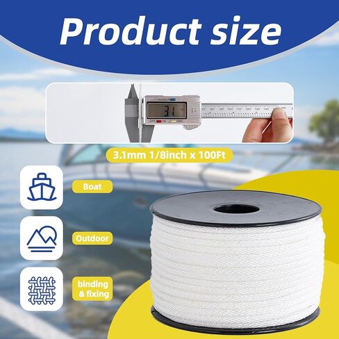 White Nylon Rope 1/8inch 100ft Braided Multi-Purpose Ropes for Outdoor& Indoor Heavy Duty for Camping, Boat, Garden, Clothesline, Marine, Soft & Flexible, High Tensile Strength in Kuwait