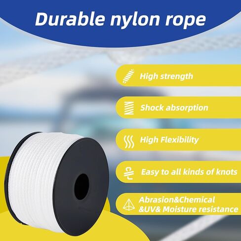 White Nylon Rope 1/8inch 100ft Braided Multi-Purpose Ropes for Outdoor& Indoor Heavy Duty for Camping, Boat, Garden, Clothesline, Marine, Soft & Flexible, High Tensile Strength in Kuwait