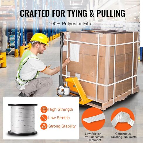VEVOR Polyester Pull Tape, 1/2" x 1053' Mule Tape Flat Rope, 1250 lbf Tensile Capacity, Printed Webbing Cable Pulling Tape for Packaging, Gardening, Commercial Electrical, Conduit Work, White in Saudi Arabia