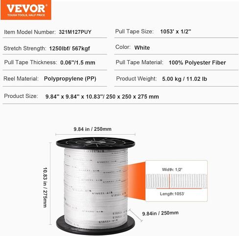 VEVOR Polyester Pull Tape, 1/2" x 1053' Mule Tape Flat Rope, 1250 lbf Tensile Capacity, Printed Webbing Cable Pulling Tape for Packaging, Gardening, Commercial Electrical, Conduit Work, White in Saudi Arabia