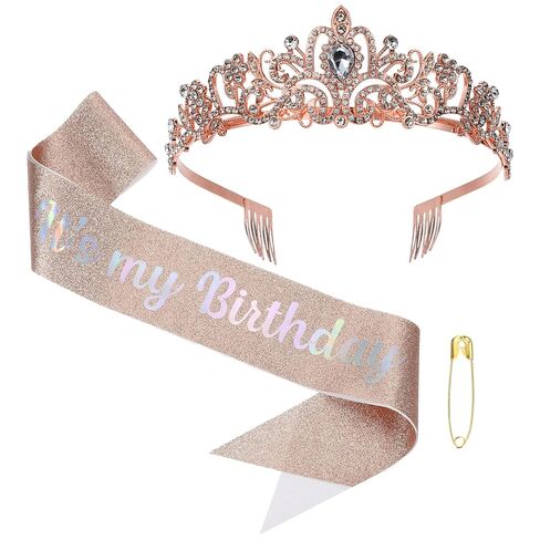 PATIKIL Birthday Sash & Crown Set, It's My Birthday Sash & Rhinestone Tiara Set Princess Party Decorations Tiara for Women, Pink in Saudi Arabia