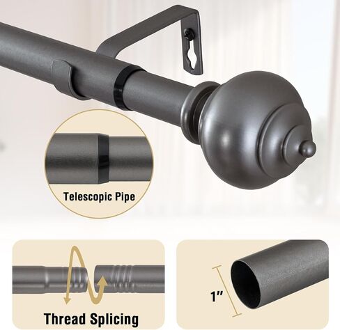 H.VERSAILTEX Curtain Rods for Windows 16.2 to 75 Inches 1 inch Diameter Adjustable Decorative Telescoping Curtain Rod with Brackets Heavy Duty Splicing Window Rods with Decorative Finials, Dark Grey in Saudi Arabia