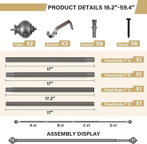 H.VERSAILTEX Curtain Rods for Windows 16.2 to 75 Inches 1 inch Diameter Adjustable Decorative Telescoping Curtain Rod with Brackets Heavy Duty Splicing Window Rods with Decorative Finials, Dark Grey in Saudi Arabia