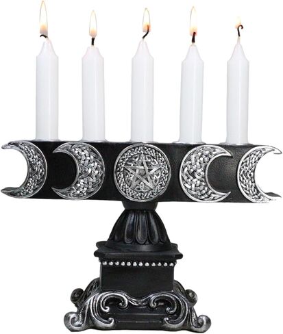 Ebros Gift Wicca Lunar Phases Triple Moon Pentagram Silver Insignia with Baroque Scroll Pedestal Base Penta 5 Taper Chime Candles Holder Wiccan Decorative Candleholder Figurine in Saudi Arabia