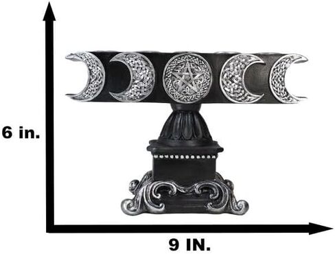 Ebros Gift Wicca Lunar Phases Triple Moon Pentagram Silver Insignia with Baroque Scroll Pedestal Base Penta 5 Taper Chime Candles Holder Wiccan Decorative Candleholder Figurine in Saudi Arabia