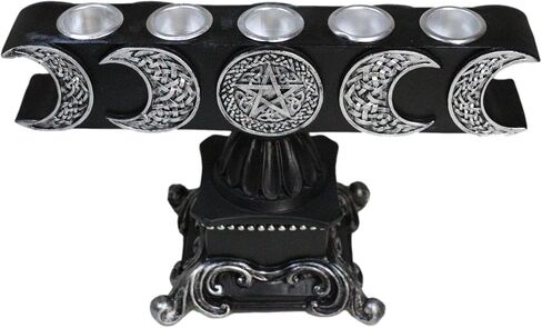Ebros Gift Wicca Lunar Phases Triple Moon Pentagram Silver Insignia with Baroque Scroll Pedestal Base Penta 5 Taper Chime Candles Holder Wiccan Decorative Candleholder Figurine in Saudi Arabia