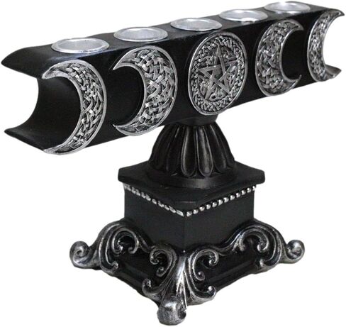 Ebros Gift Wicca Lunar Phases Triple Moon Pentagram Silver Insignia with Baroque Scroll Pedestal Base Penta 5 Taper Chime Candles Holder Wiccan Decorative Candleholder Figurine in Saudi Arabia