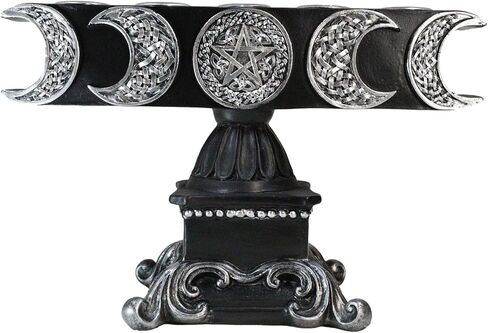Ebros Gift Wicca Lunar Phases Triple Moon Pentagram Silver Insignia with Baroque Scroll Pedestal Base Penta 5 Taper Chime Candles Holder Wiccan Decorative Candleholder Figurine in Saudi Arabia