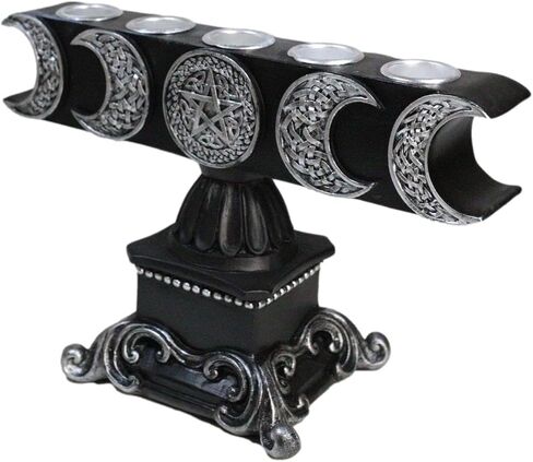 Ebros Gift Wicca Lunar Phases Triple Moon Pentagram Silver Insignia with Baroque Scroll Pedestal Base Penta 5 Taper Chime Candles Holder Wiccan Decorative Candleholder Figurine in Saudi Arabia