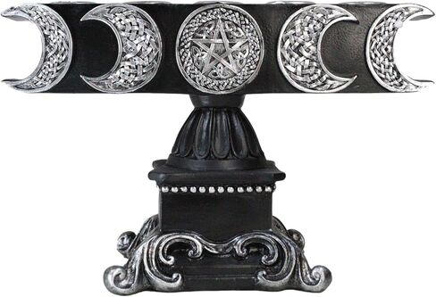 Ebros Gift Wicca Lunar Phases Triple Moon Pentagram Silver Insignia with Baroque Scroll Pedestal Base Penta 5 Taper Chime Candles Holder Wiccan Decorative Candleholder Figurine in Saudi Arabia