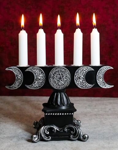 Ebros Gift Wicca Lunar Phases Triple Moon Pentagram Silver Insignia with Baroque Scroll Pedestal Base Penta 5 Taper Chime Candles Holder Wiccan Decorative Candleholder Figurine in Saudi Arabia