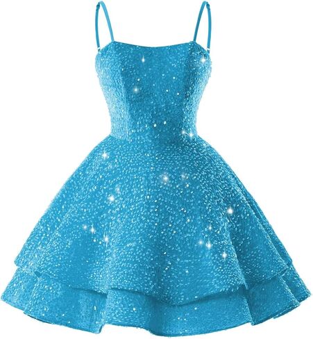 Sparkly Sequin Tiered Homecoming Dresses Short 2026 for Teens Spaghetti Straps Square Neck Cocktail Prom Gowns in Saudi Arabia