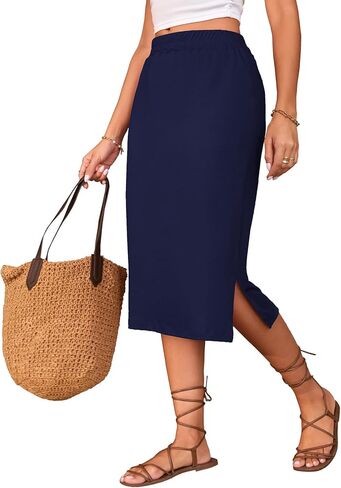 Naggoo Midi Skirts for Women Summer Elastic High Waisted Side Slit Long Skirts in Saudi Arabia