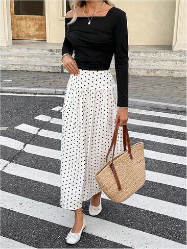 Milumia Women's Polka Dots Print Flowy Long Skirt Elegant Pleated High Waisted Flared Maxi Skirts in Saudi Arabia