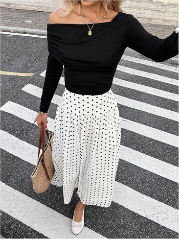 Milumia Women's Polka Dots Print Flowy Long Skirt Elegant Pleated High Waisted Flared Maxi Skirts in Saudi Arabia