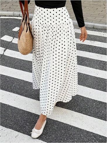 Milumia Women's Polka Dots Print Flowy Long Skirt Elegant Pleated High Waisted Flared Maxi Skirts in Saudi Arabia