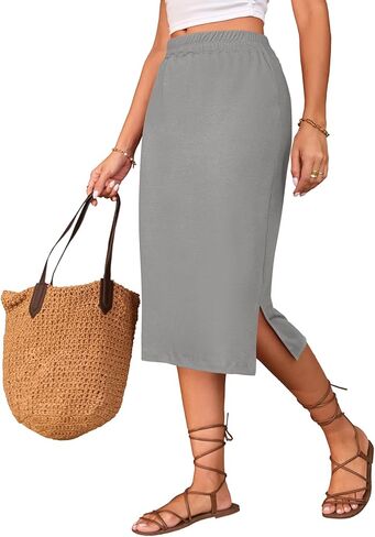 تنانير Naggoo متوسطة الطول للنساء للصيف، تنانير طويلة مرنة بخصر عالٍ وفتحة جانبية in Kuwait