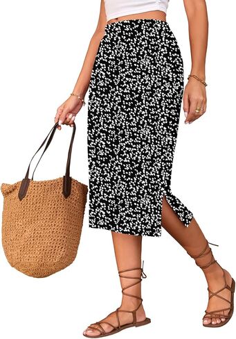 Naggoo Midi Skirts for Women Summer Elastic High Waisted Side Slit Long Skirts in Saudi Arabia