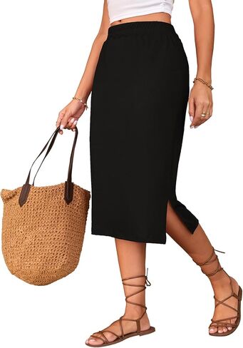 Naggoo Midi Skirts for Women Summer Elastic High Waisted Side Slit Long Skirts in Saudi Arabia