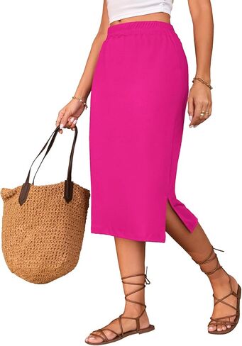 Naggoo Midi Skirts for Women Summer Elastic High Waisted Side Slit Long Skirts in Saudi Arabia