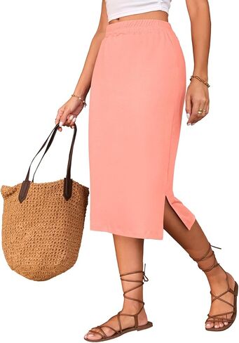Naggoo Midi Skirts for Women Summer Elastic High Waisted Side Slit Long Skirts in Saudi Arabia