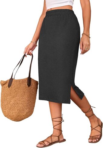 Naggoo Midi Skirts for Women Summer Elastic High Waisted Side Slit Long Skirts in Saudi Arabia
