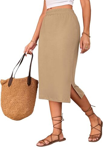 Naggoo Midi Skirts for Women Summer Elastic High Waisted Side Slit Long Skirts in Saudi Arabia