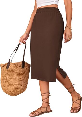 Naggoo Midi Skirts for Women Summer Elastic High Waisted Side Slit Long Skirts in Saudi Arabia