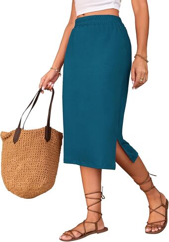Naggoo Midi Skirts for Women Summer Elastic High Waisted Side Slit Long Skirts in Saudi Arabia
