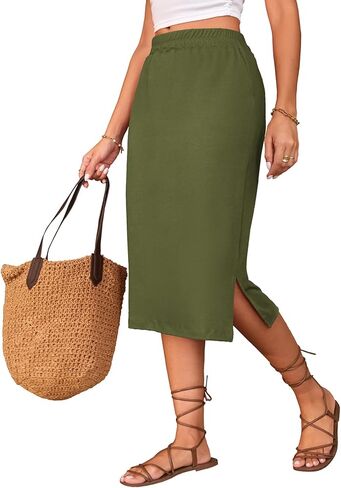 Naggoo Midi Skirts for Women Summer Elastic High Waisted Side Slit Long Skirts in Saudi Arabia