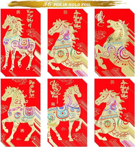المظاريف الحمراء الفيتنامية الصينية الآسيوية الفيتنامية السنة القمرية الجديدة المال المحظوظ المغلف الأحمر سنة الحصان 2026 ديكورات Li Xi للنقود 36 قطعة in Kuwait