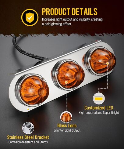 Partsam 1Pcs Radius-Style 14" Front Air Cleaner Light Bar with 3Pcs Glass Watermelon Lights, Stainless Steel Bracket, Compatible with Peterbilt Kenworth Freightliner Trucks, Amber Lens in Saudi Arabia