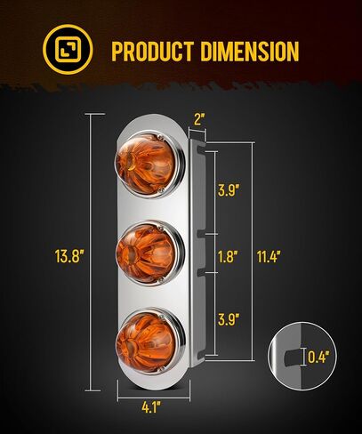 Partsam 1Pcs Radius-Style 14" Front Air Cleaner Light Bar with 3Pcs Glass Watermelon Lights, Stainless Steel Bracket, Compatible with Peterbilt Kenworth Freightliner Trucks, Amber Lens in Saudi Arabia