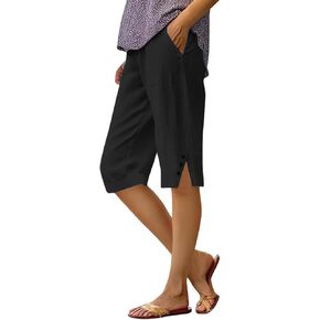 GaoCold الكتان كابري السراويل للنساء شورت بيرمودا طول الركبة الرباط اقتصاص السراويل الصيف الشاطئ عطلة طويلة السراويل in Kuwait
