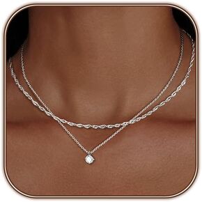 Gold Necklace for Women Dainty Gold/Silver Layered Necklaces Gold/Silver Plated Diamond Necklaces Simple CZ Solitaire Pendant Necklace Cute Chain Choker Necklaces for Women Trendy Jewelry in Kuwait