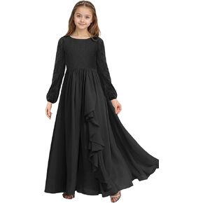 Junior Bridesmaid Dresses Lace Long Sleeve Flower Girl Dress Chiffon Ruffle Formal Prom Dress for Teens in Kuwait