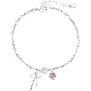 QueenBee 925 الفضة الاسترليني القلب الوردي القوس سحر سوار اللؤلؤ، أساور سحر أنيقة للنساء، هيبوالرجينيك 925 مجوهرات الفضة، العصرية 925 مجوهرات الفضة عيد ميلاد، عيد الحب، الزفاف، الزفاف، هدية عيد الأم لها in Kuwait