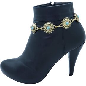 TrendyFashionJewelry TFJ Women Western Boot Chain Metal Bling Bracelet Cowgirl Anklet High Heel Truqoise Blue Flower Charm Antique Gold Color in Kuwait