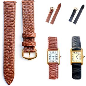 17mm Brown Lizard Pattern Leather Watch Band Replacement Strap for Cartier Tank - Gold Buckle & Quick Release in Kuwait