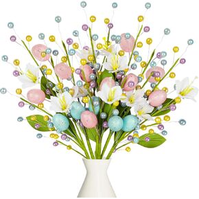 6 قطع من أعواد بيض عيد الفصح - سيقان الزهور الاصطناعية الربيعية مع الخرز ديكور للمنزل مزهرية حشو الطاولة المركزية in Kuwait
