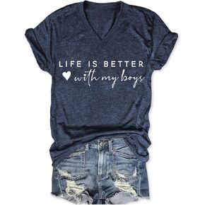 Life is Better with My Boys T-Shirt Women Funny Graphic Short Sleeve Mom Gift Shirts Summer Casual Workout Tops Tee in Saudi Arabia