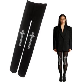 Black Opaque Pantyhose with Sparkling Studded Cross Design - Gothic & Y2K Aesthetic Tights for Women, Emo & Alt Fashion Stocking Accessory for Parties, Halloween & Daily Wear in Saudi Arabia
