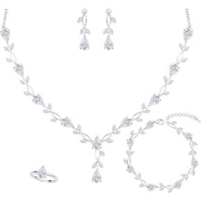 مجموعة مجوهرات الزفاف مكونة من 4 قطع للنساء مطلية بالبلاتينيوم مكعب زركونيا على شكل دمعة وأقراط وسوار قابل للتعديل وحلقة زفاف وإكسسوارات حفلات الزفاف ووصيفات العروس مع صندوق هدايا in Kuwait