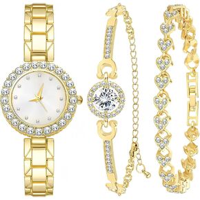 NEWITIN 3 Pieces Women Diamond Watch Bracelets Set Luxury Fashion Jewelry Cubic Zirconia Wristwatch Bracelet Silver Watch Jewelry Set for Women in Kuwait