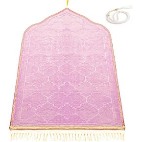 Muslim Prayer Rug and Beads, Pink Padded Thick Islamic Prayer Mat for Women, Kids, Eid Al-Adha Ramadan Umrah, Hajj, Salah Portable Praying Travel Turkish Rug, Islamic Gifts in Saudi Arabia