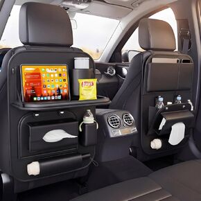 منظم المقعد الخلفي للسيارة من الجلد الفاخر العالمي القابل للطي مع صينية طاولة، وواقي ظهر مقعد السيارة مع حقيبة قمامة وحامل لوحة شاشة تعمل باللمس، وواقي سجادات السيارة مع حامل مناديل (أسود) in Kuwait