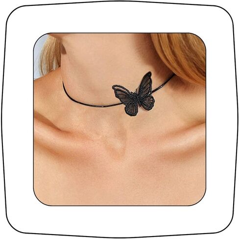 Gothic Lace Butterfly Choker Embroidery Leather Thin Necklace Sexy Black White Leather Rope Collar Necklace Prom Club Ball Party Accessories for Women Girls (Black) in Kuwait