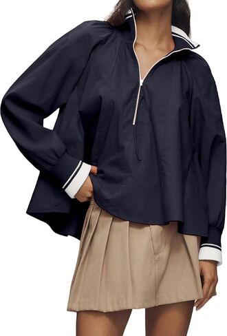 Womens Half Zip Blouses Puff Long Sleeve Henley Shirts Dressy Casual Contrast Collared Loose Fit Swing Tunic Tops in Saudi Arabia