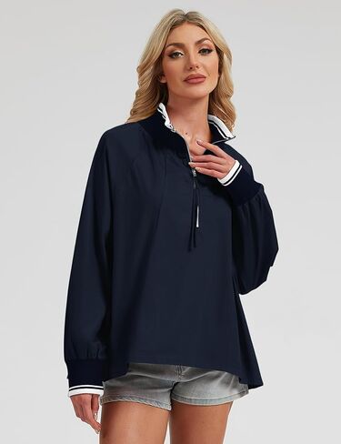 Womens Half Zip Blouses Puff Long Sleeve Henley Shirts Dressy Casual Contrast Collared Loose Fit Swing Tunic Tops in Saudi Arabia